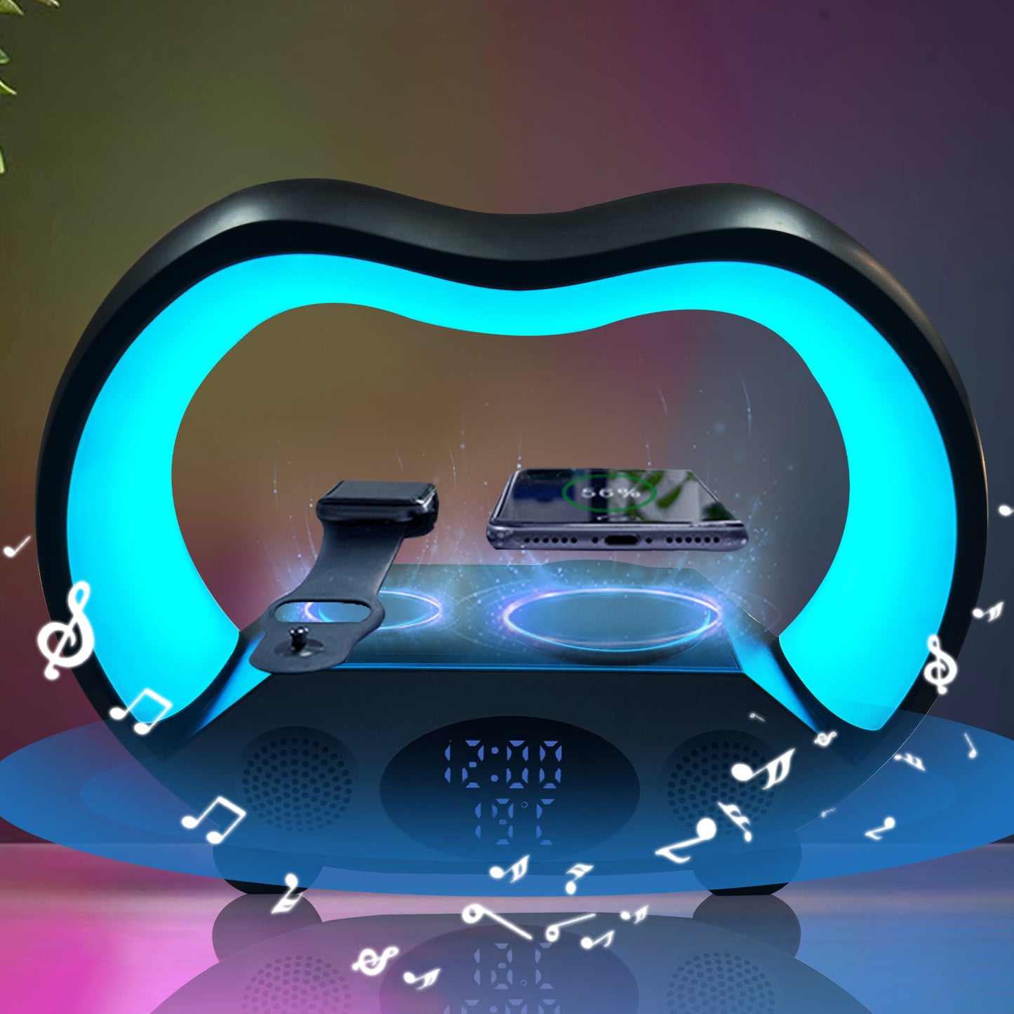 "6-in-1 Smart LED Lamp with Bluetooth Speaker & Wireless Charger"