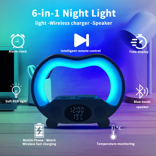 "6-in-1 Smart LED Lamp with Bluetooth Speaker & Wireless Charger"